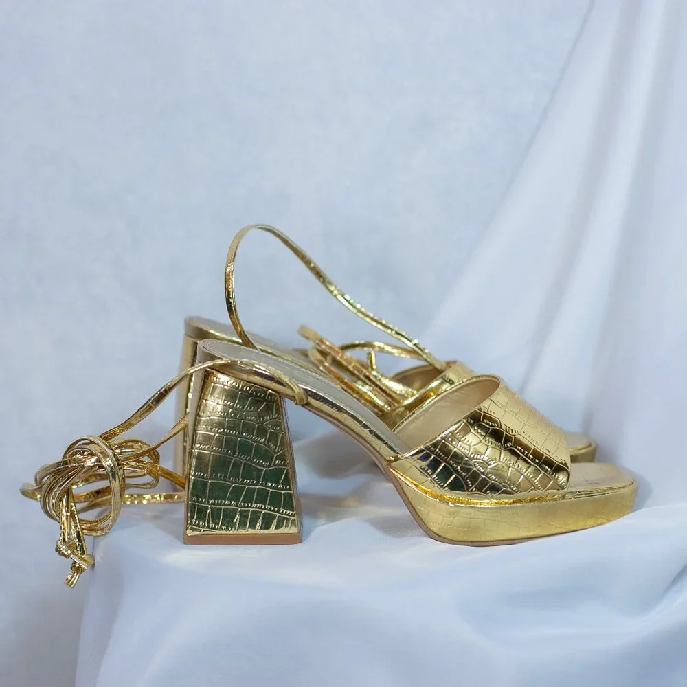 EGO Dreamer Womens Gold Croc Block Platform Heels Shoes Lace Up Size US 8M